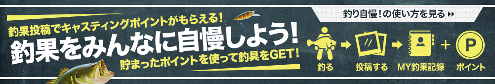 釣果をみんなに自慢しよう！釣果投稿でキャスティングポイントがもらえる！貯まったポイントを使って釣具をGET！釣り自慢！の使い方を見る